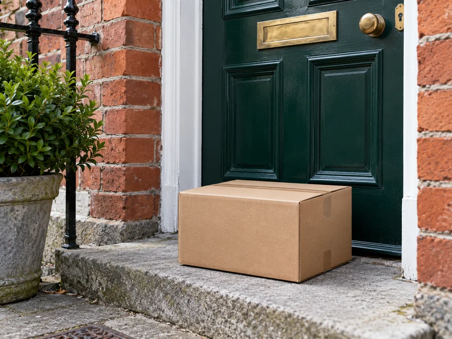 Illustrative delivery parcel at a front door