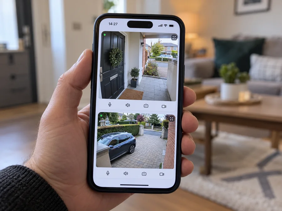 Illustrative smartphone displaying home security camera views